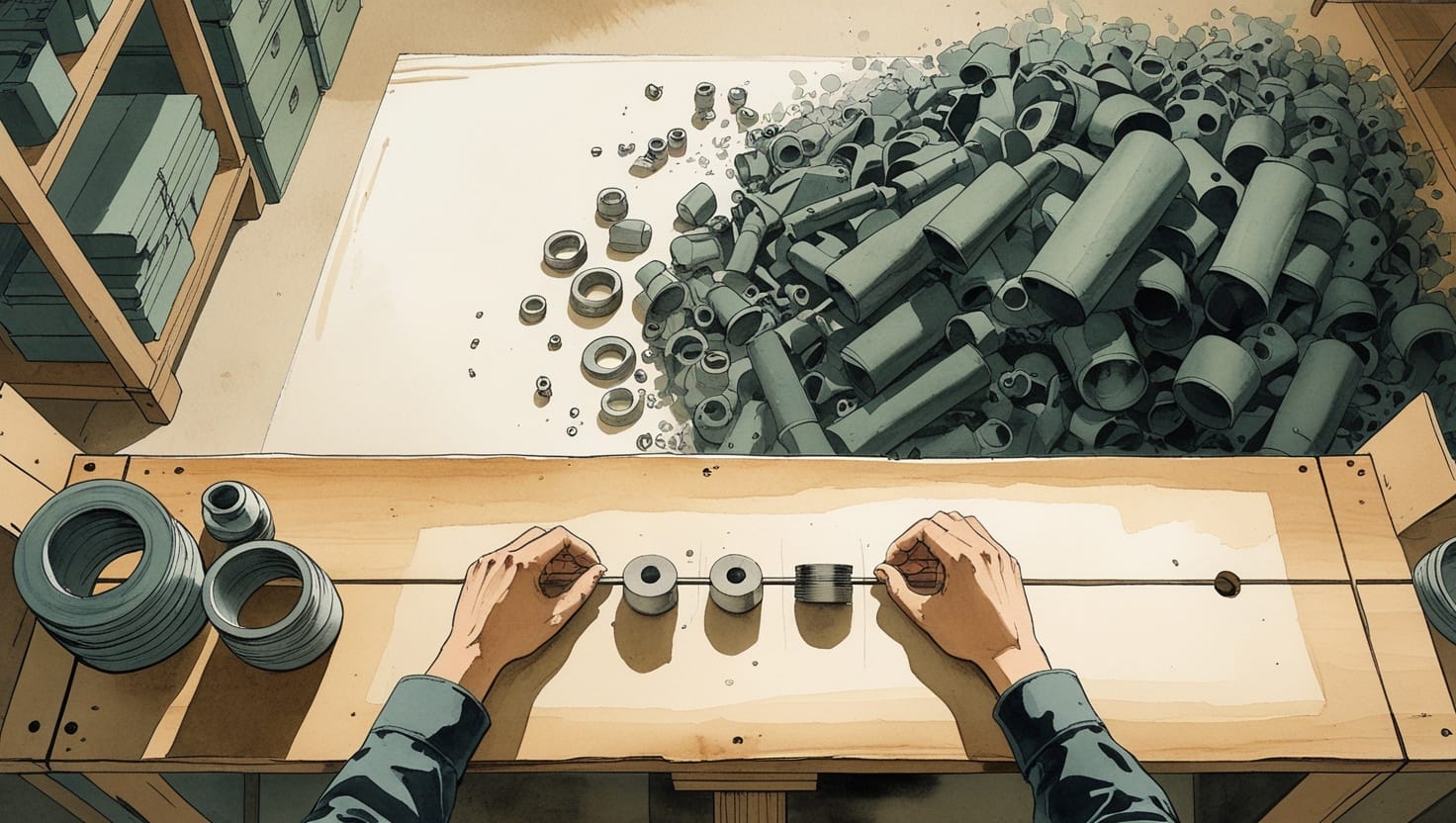 A tidy workbench from above where a few exact parts arrive in sequence to a pair of hands, with an enormous ignored pile of surplus parts blurred behind.