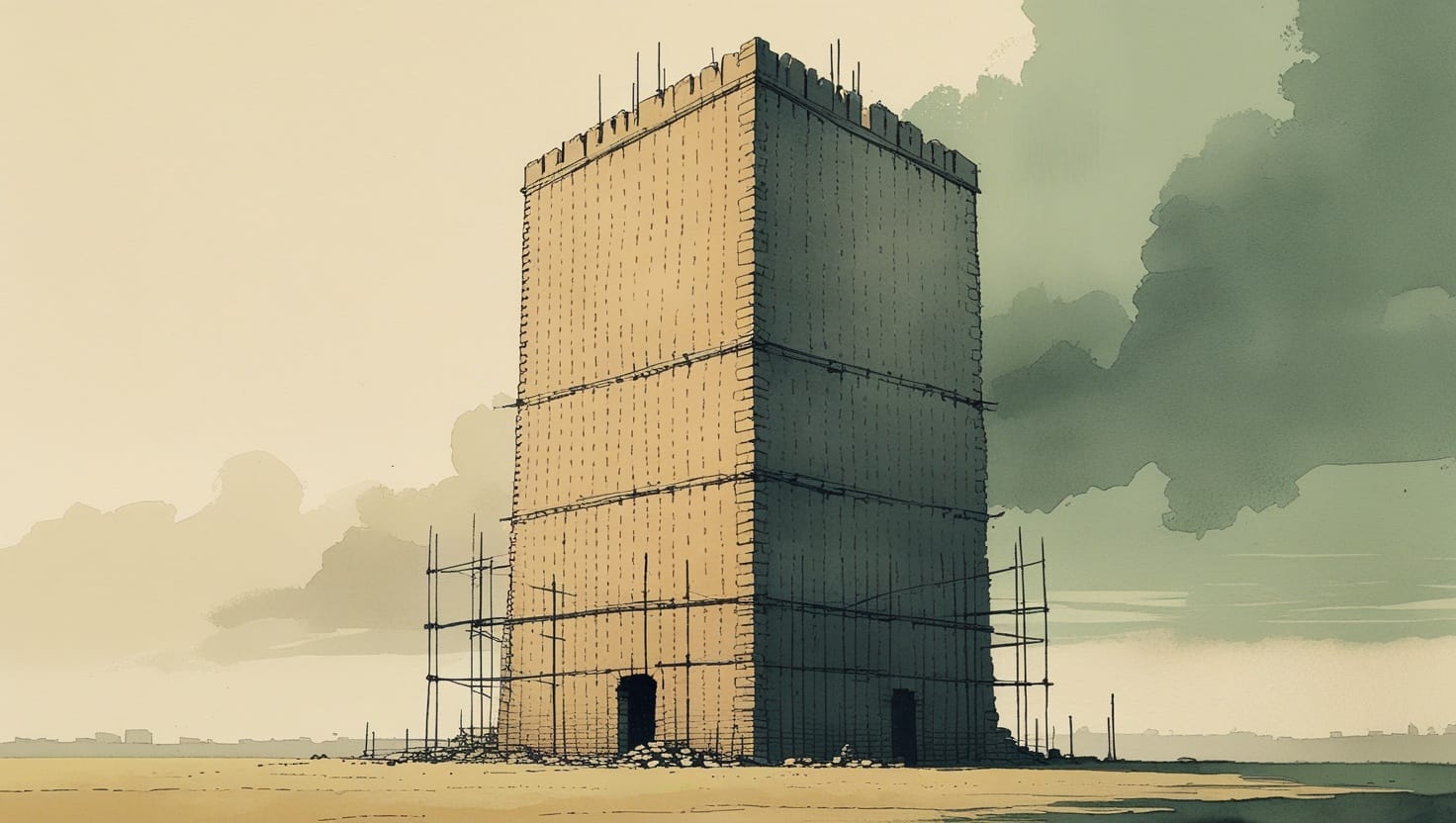An unfinished tower of identical uniform bricks rising from a plain and dissolving into fog near its top, scaffolding bare and no workers present.