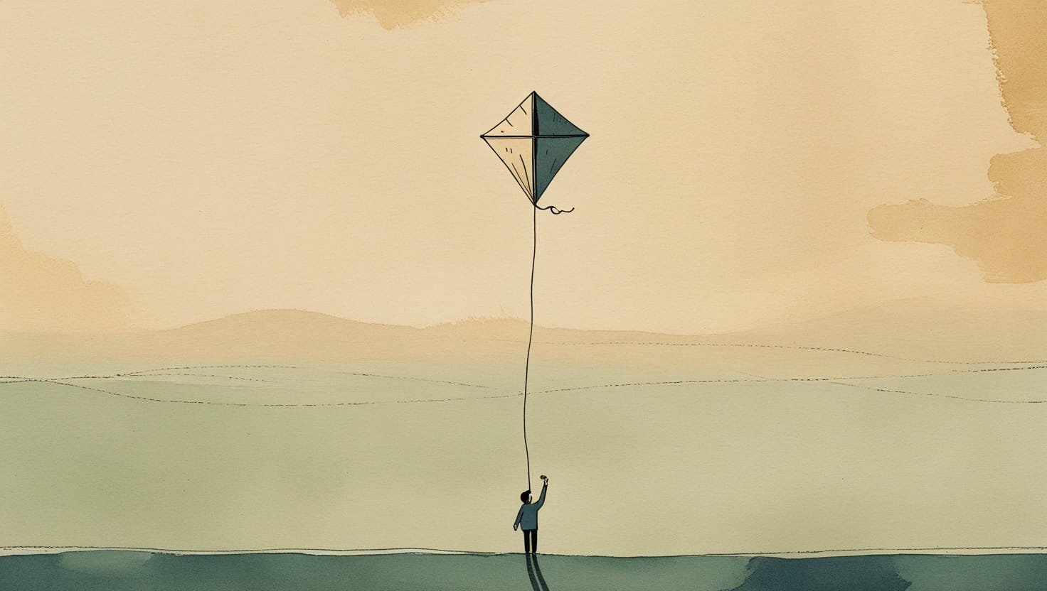 A single kite high in an open sky held aloft by one taut line running down to a small hand at the bottom of the frame.