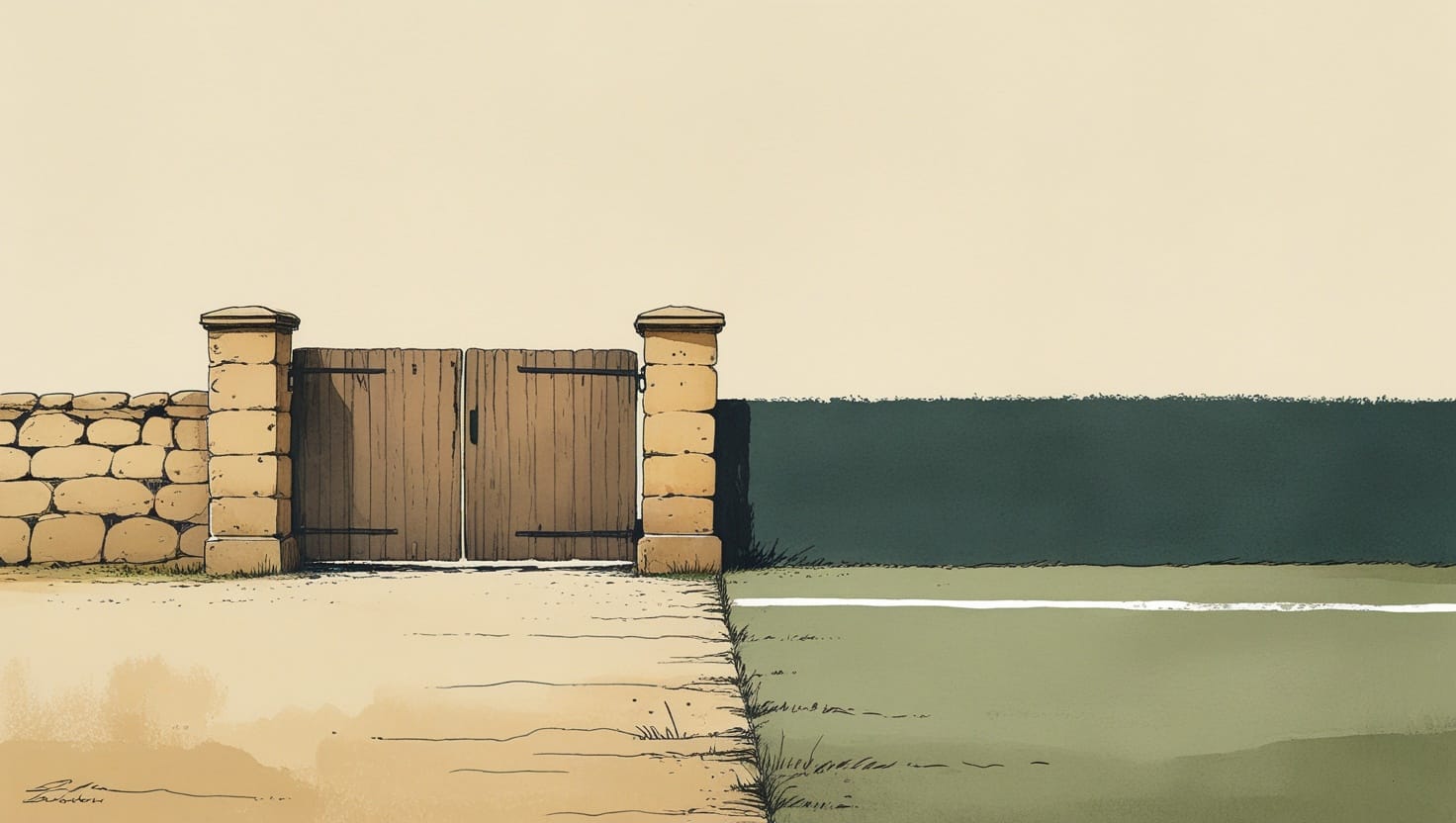A solid closed gate in a low stone wall beside a simple painted line on bare ground, two thresholds side by side on an open plain.