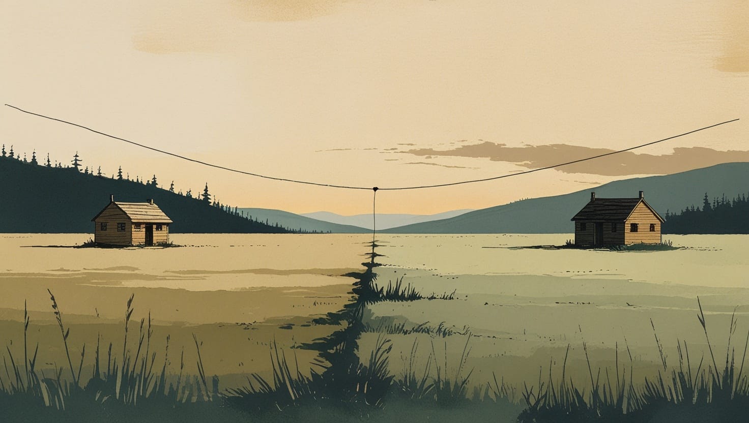 Two small houses on opposite sides of a wide empty valley joined only by a single long tin-can-telephone string sagging across the distance.