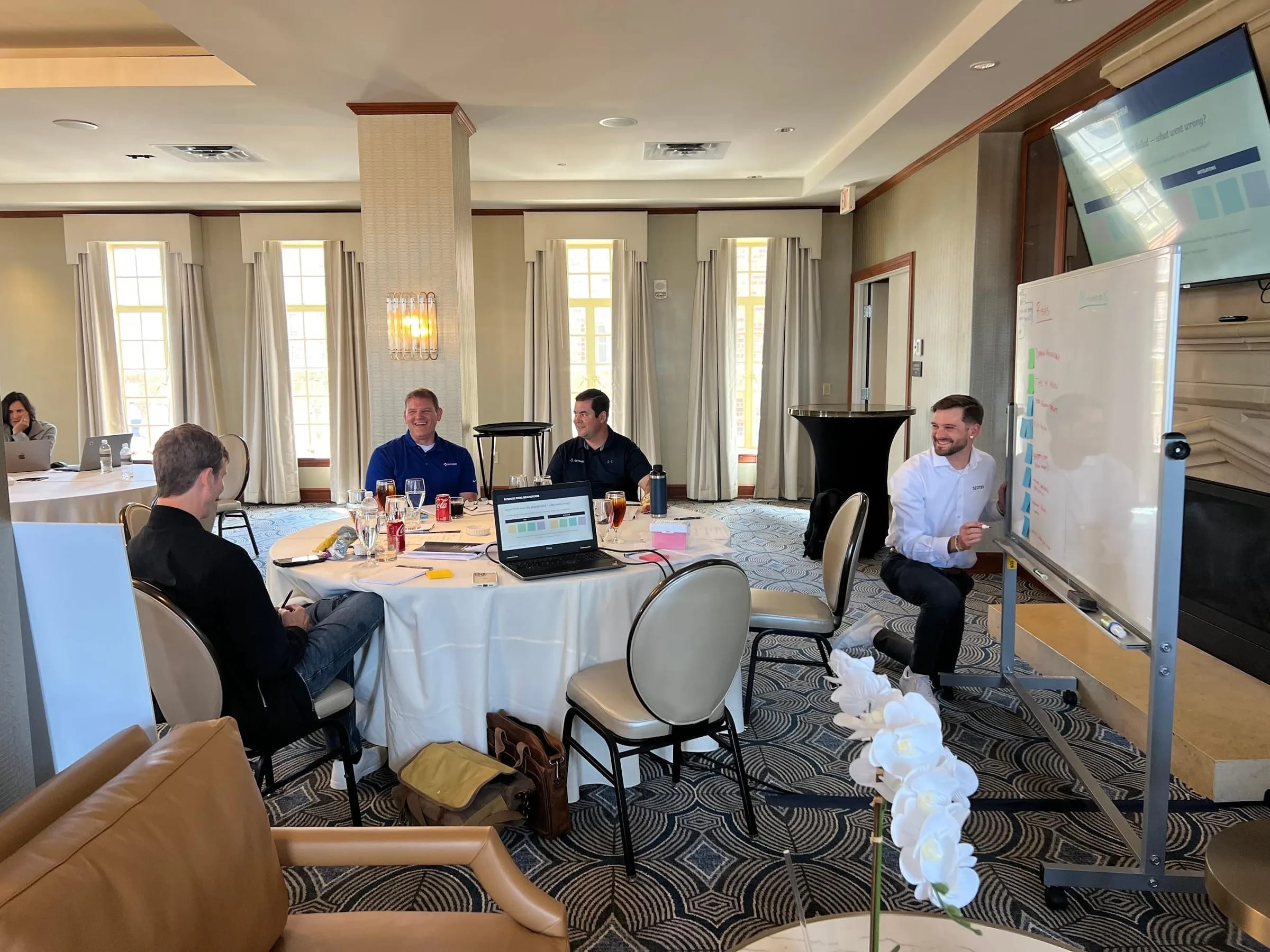 SEQTEK Touchstone workshop with Cross Precision Measurement, the team collaborating around a dashboard and whiteboard